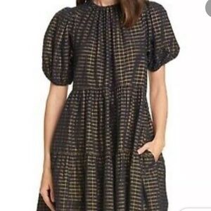 ULLA JOHNSON Midnight Navy Gold Dion Babydoll Dress